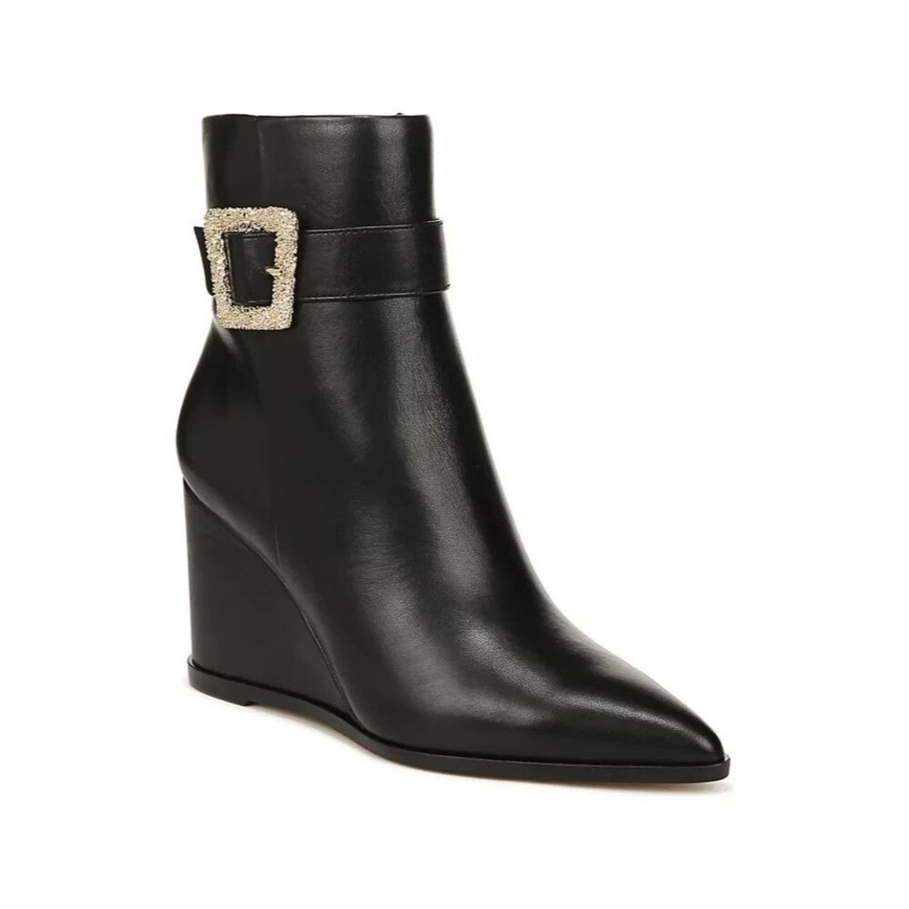 Sam Edelman Weslie Ankle Boots Leather Wedge Black Gold Sz 7 EU 37.5